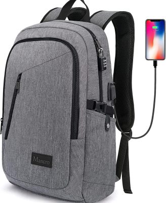 Mancro Laptop Backpack for Travel, Anti-theft Laptop Backpack for Men Business Backpack Work Daypack with USB Charging Port & Lock, Water Resistant Travel Computer Bag Daypack, Grey